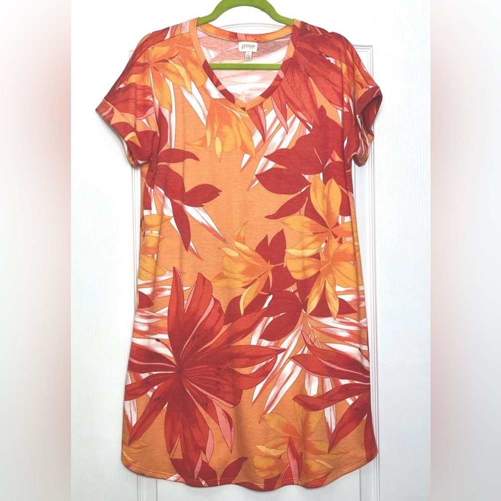 Greige Terry Dress Cover Up Size L Tropical Hawaiian Floral Orange Red V-Neck